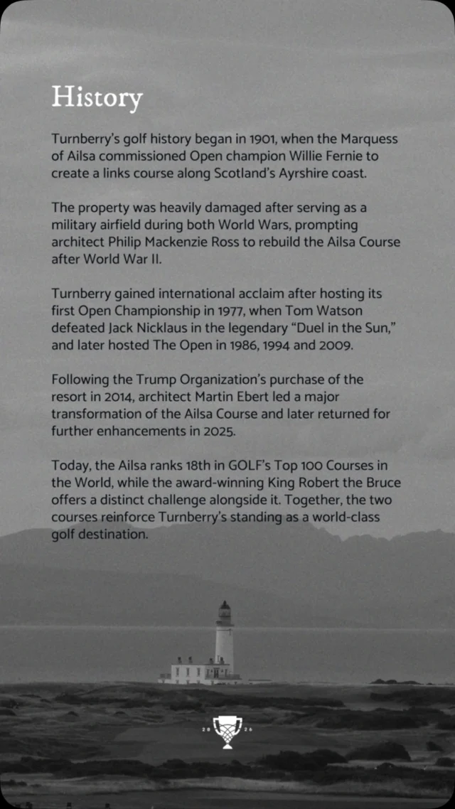 For more than 100 years, Trump Turnberry has been part of golf’s history. Legendary championships, iconic moments, and generations of the game have passed through these links. In 2026, The Bridges Cup becomes part of that story. 

#thebridgescup